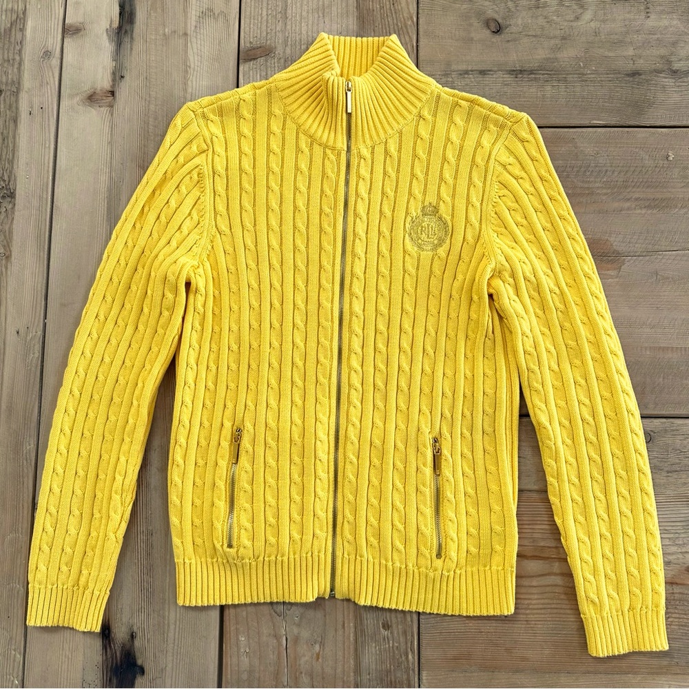 Lauren Ralph Lauren Yellow Zip Front Cable Knit Cardigan Sweater Women’s Sz L
